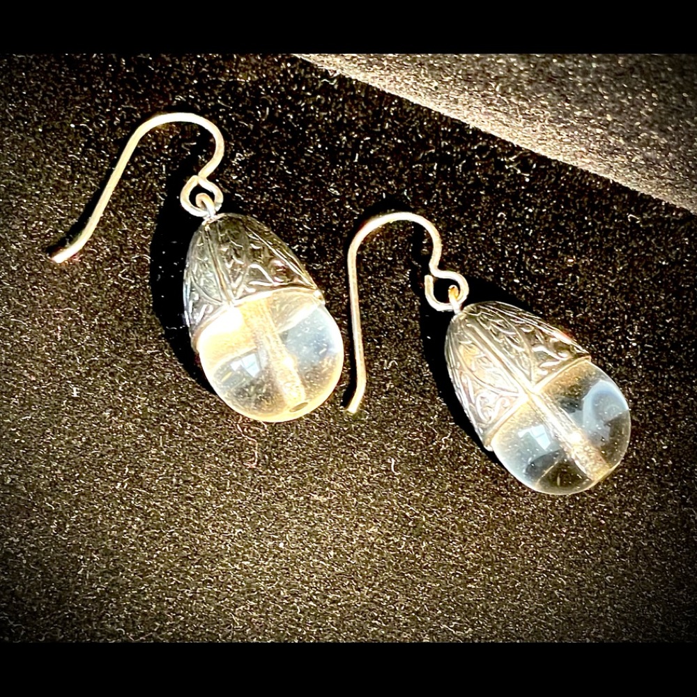 Embossed & Etched Silver and Droplet Glass Earrings (3/4”L x 1/2”W) w/ Fishhooks